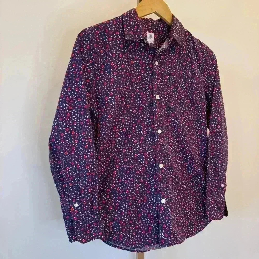 GAP Kids Boy’s XL Blue Holiday Christmas Long Sleeve Button-Up Shirt Casual